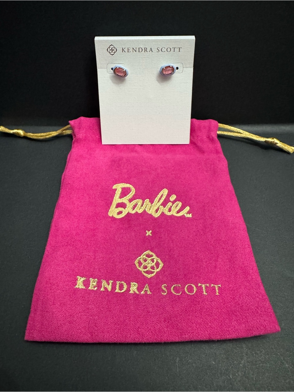 Barbie X Kendra Scott Gold Emilie Stud Earrings Pink Iridescent Glitter Glass